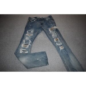Grindhouse Denim Jeans Mens 34 x 34 Blue Distressed Ripped Moto Paint Splatter